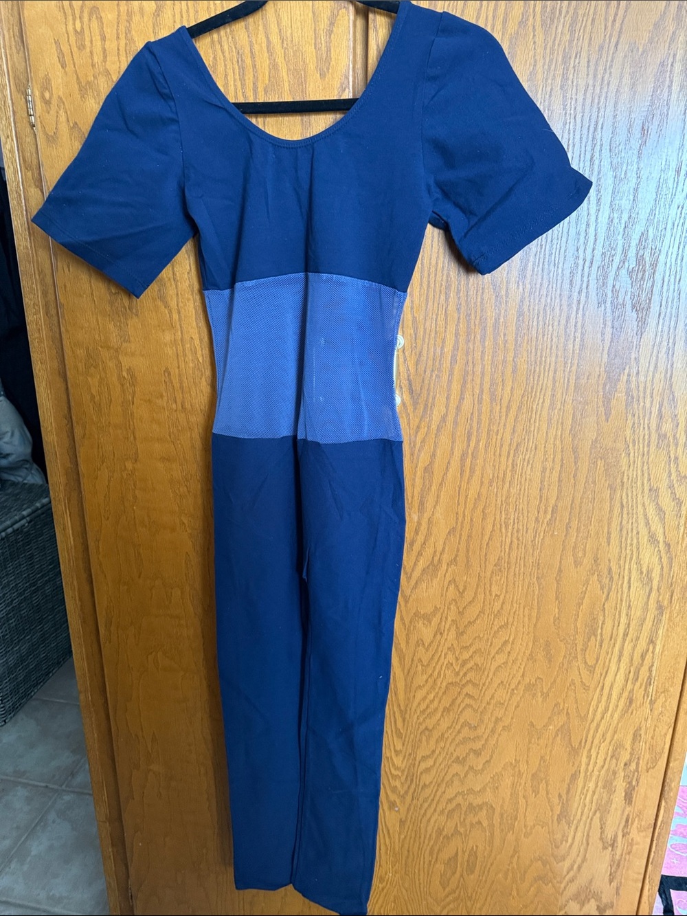 Navy Blue Short-Sleeve Jumpsuit with Mid-Panel work out dance wear  jumpsuit med